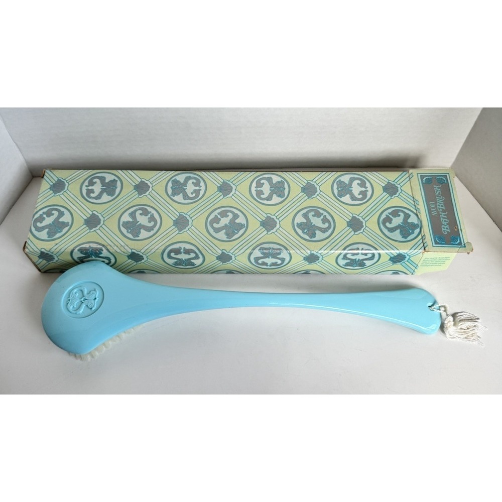 Vintage Avon Bath Shower Long Handle Back Dry Brush 15" Blue NOS New In Box